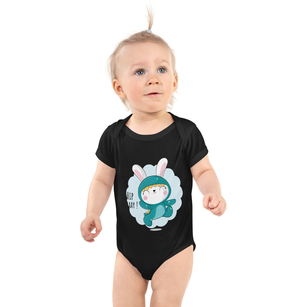 Green rabbit - HIP HIP HOORAAAY | Baby Short Sleeve Bodysuit | Rabbit Skins 4400