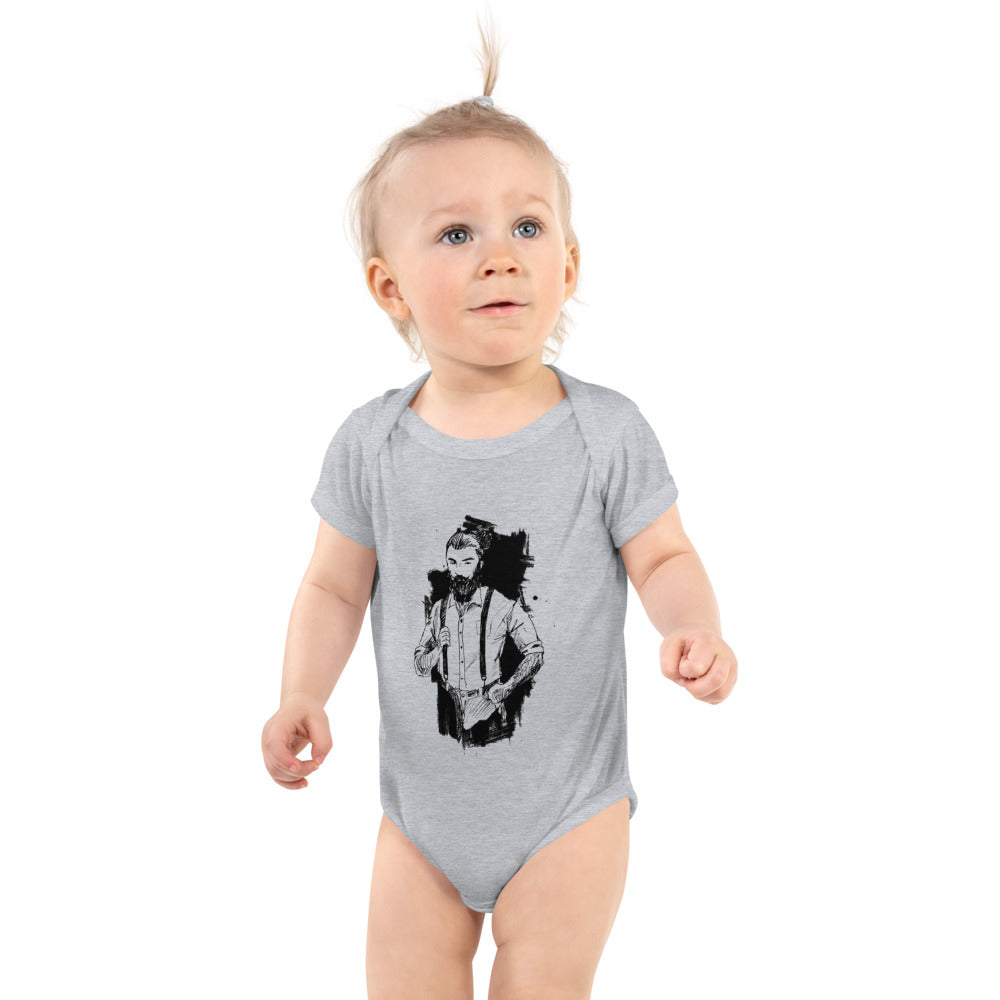 Black & White bearded man suit | Baby Short Sleeve Bodysuit | Rabbit Skins 4400