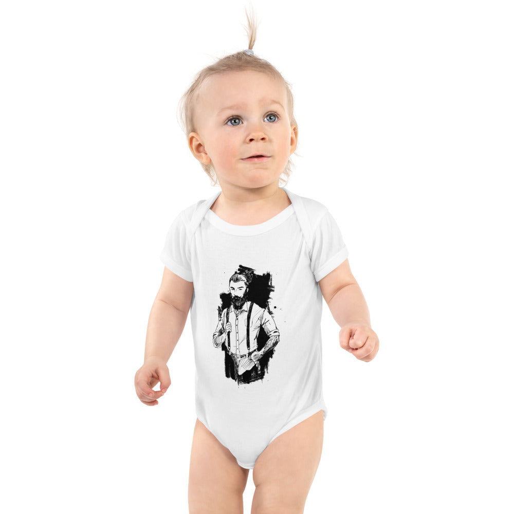 Black & White bearded man suit | Baby Short Sleeve Bodysuit | Rabbit Skins 4400