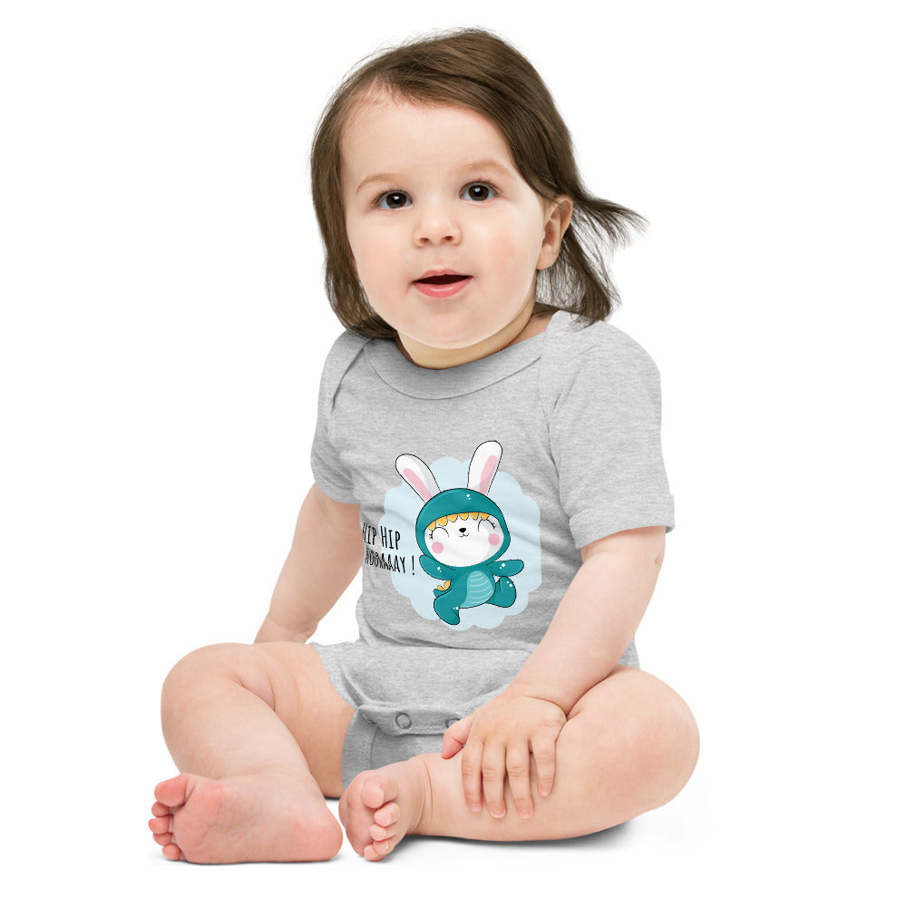Green rabbit - HIP HIP HOORAAAY | Baby Short Sleeve One Piece | Bella + Canvas 100B