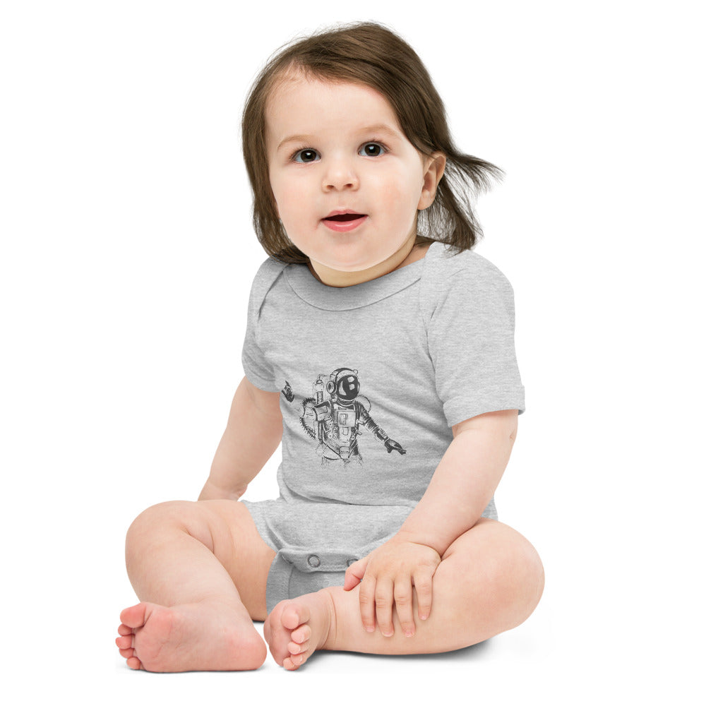 Black & white space travel man | Baby Short Sleeve One Piece | Bella + Canvas 100B