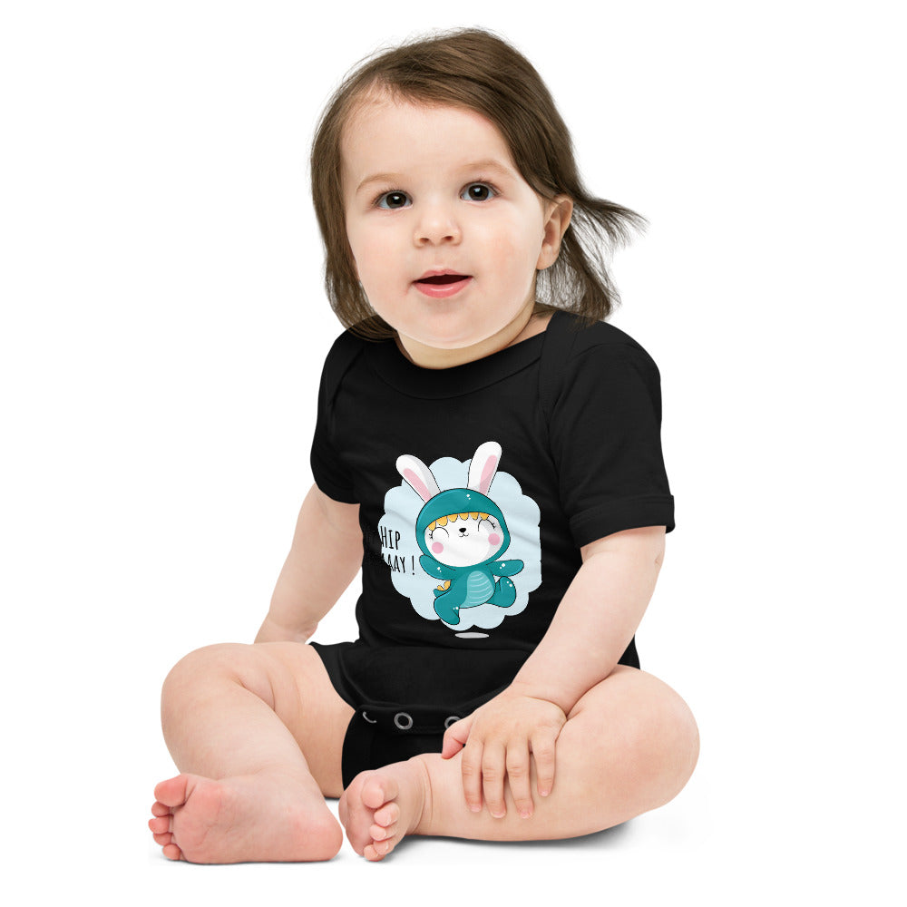 Green rabbit - HIP HIP HOORAAAY | Baby Short Sleeve One Piece | Bella + Canvas 100B