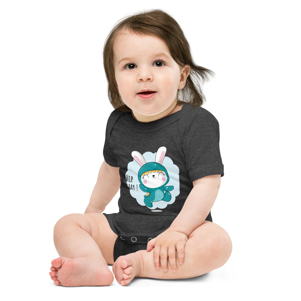 Green rabbit - HIP HIP HOORAAAY | Baby Short Sleeve One Piece | Bella + Canvas 100B