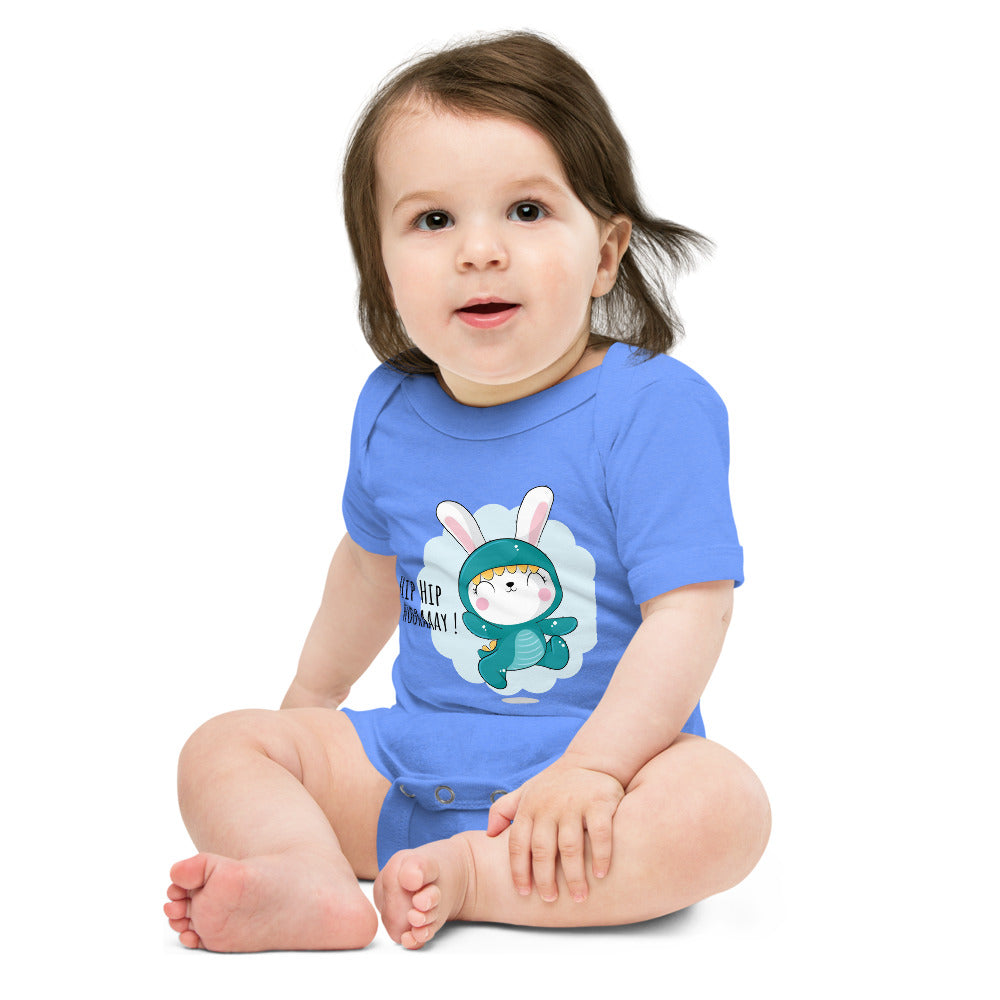 Green rabbit - HIP HIP HOORAAAY | Baby Short Sleeve One Piece | Bella + Canvas 100B