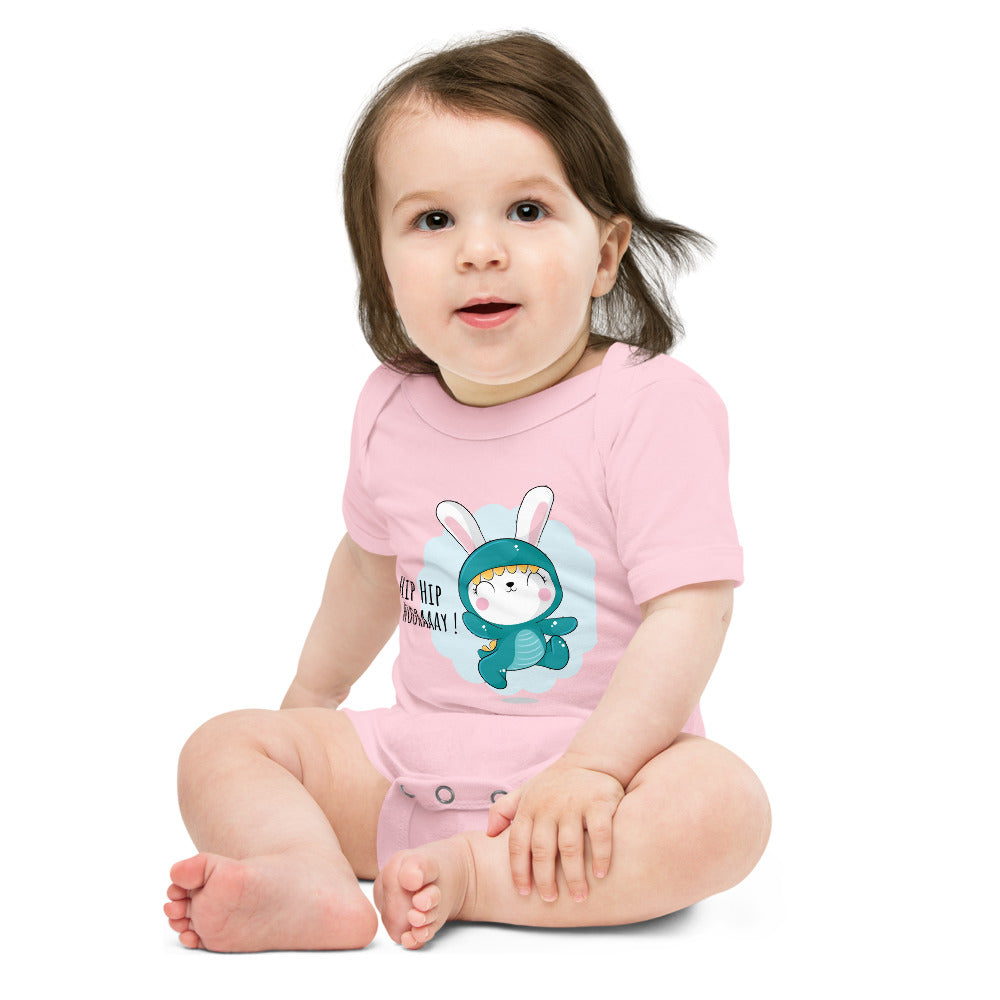 Green rabbit - HIP HIP HOORAAAY | Baby Short Sleeve One Piece | Bella + Canvas 100B