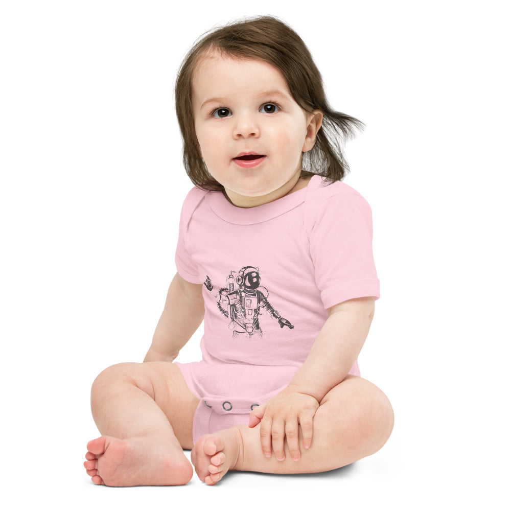 Black & white space travel man | Baby Short Sleeve One Piece | Bella + Canvas 100B