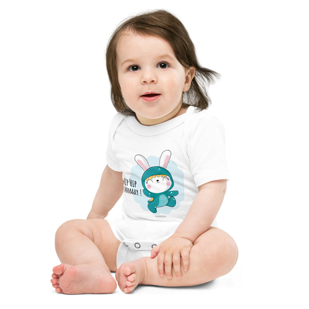 Green rabbit - HIP HIP HOORAAAY | Baby Short Sleeve One Piece | Bella + Canvas 100B