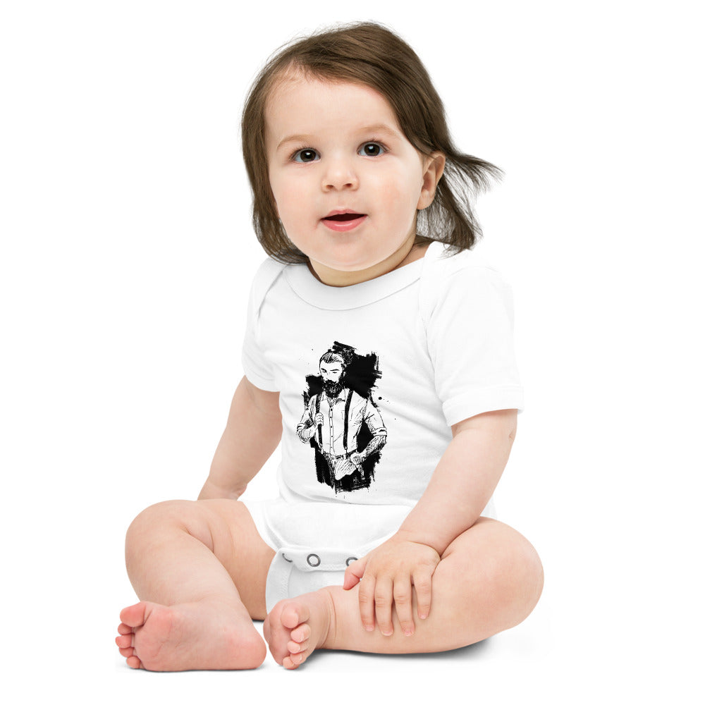 Black & White bearded man suit | Baby Short Sleeve One Piece | Bella + Canvas 100B