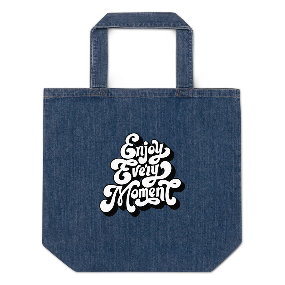 Enjoy every moments white | Organic Denim Tote Bag | Mantis M196