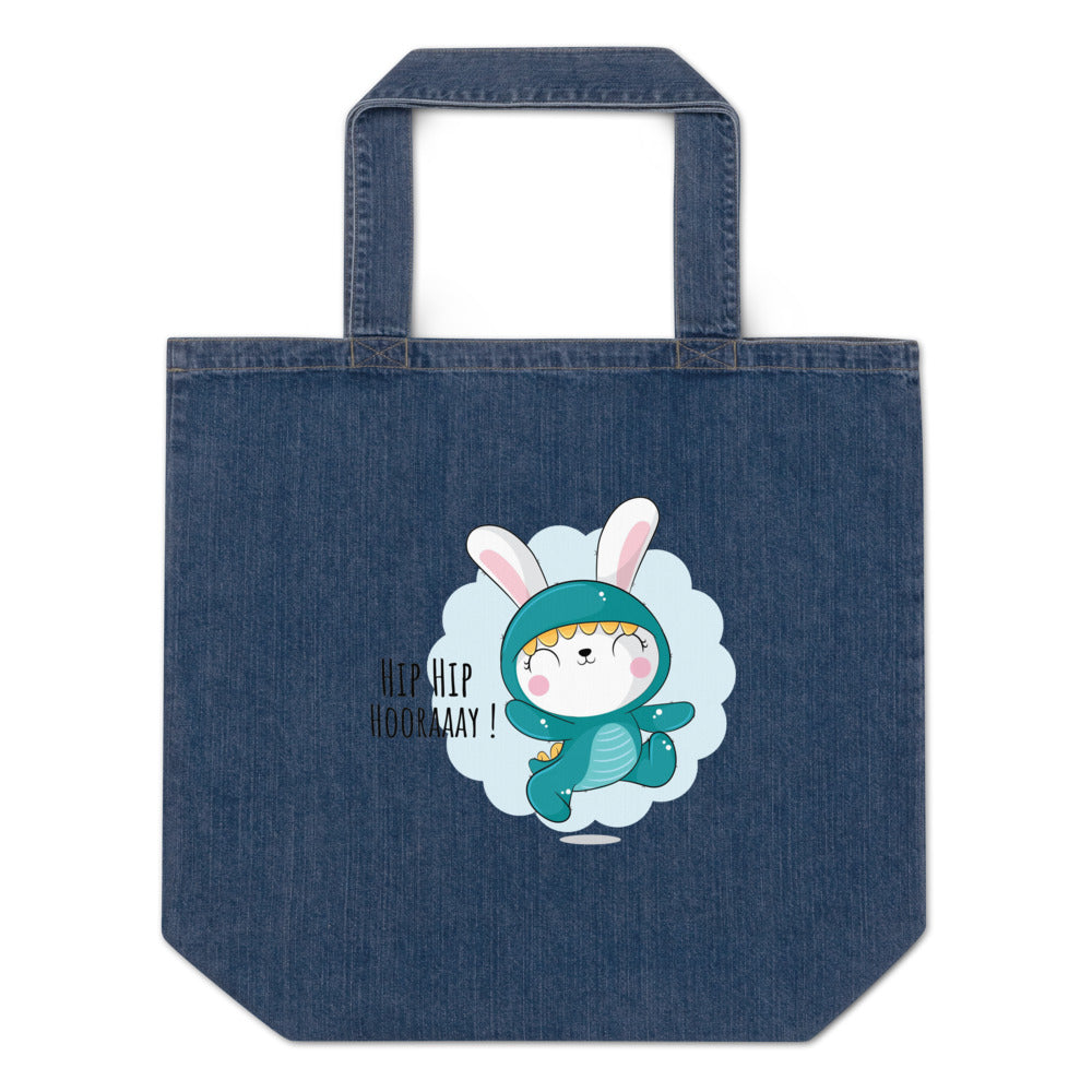 Green rabbit - HIP HIP HOORAAAY | Organic Denim Tote Bag | Mantis M196
