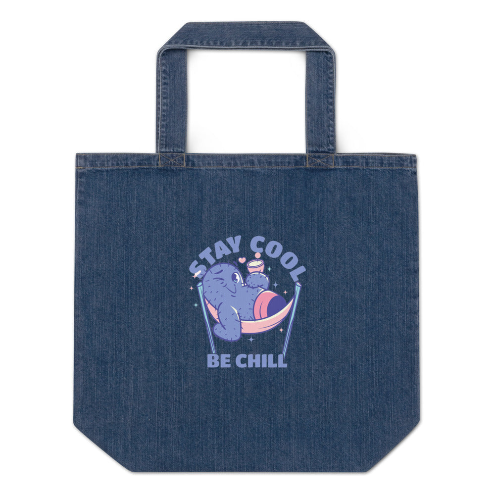Stay cool be chill | Organic Denim Tote Bag | Mantis M196