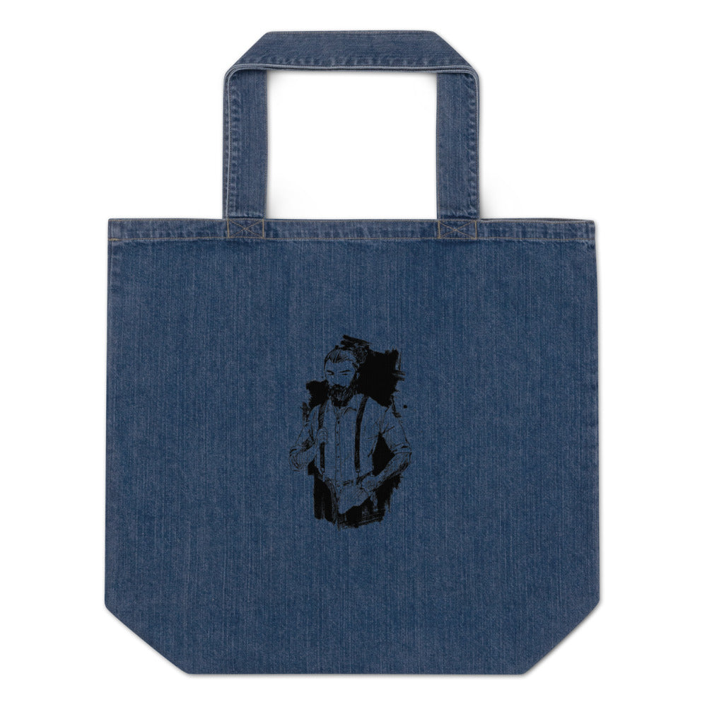 Black & White bearded man suit | Organic Denim Tote Bag | Mantis M196