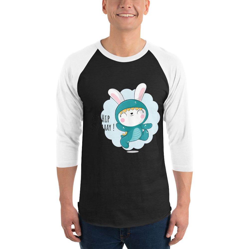 Green rabbit - HIP HIP HOORAAAY | Unisex 3/4 Sleeve Raglan Shirt | Tultex 245