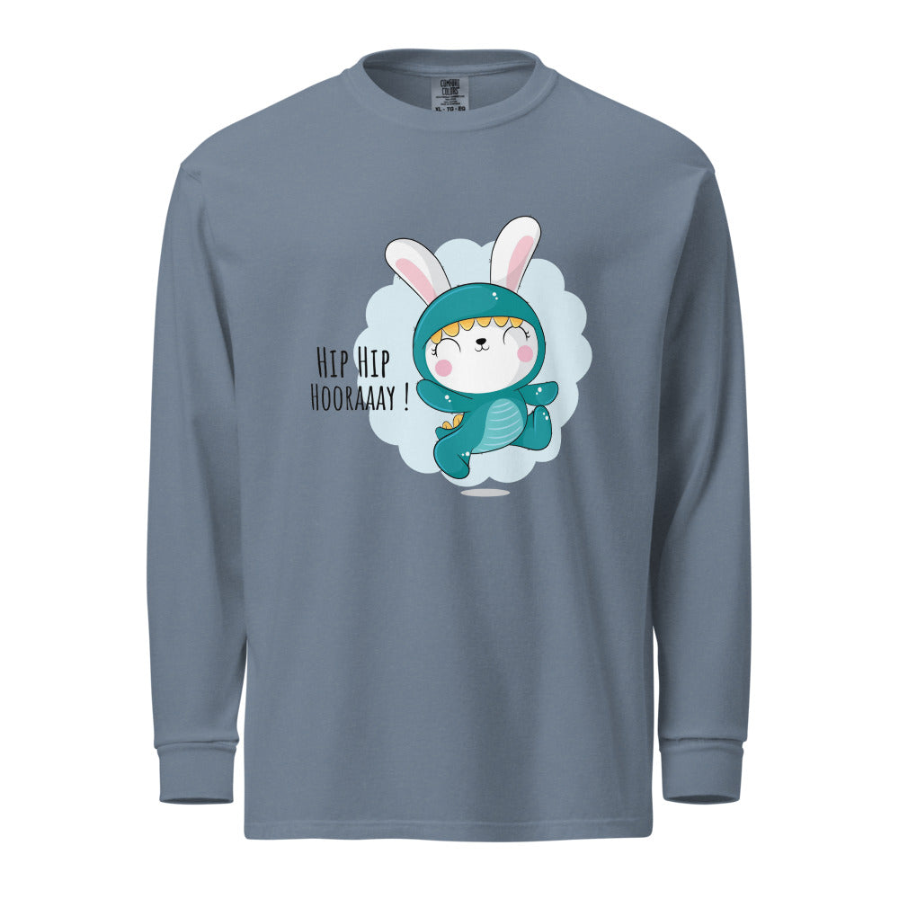 Green rabbit - HIP HIP HOORAAAY | Unisex Garment-Dyed Heavyweight Long Sleeve Shirt | Comfort Colors 6014