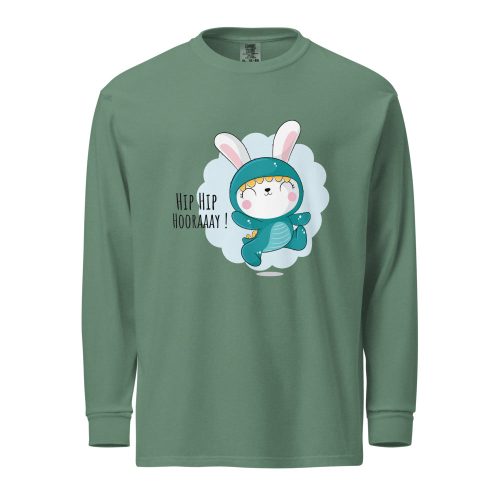 Green rabbit - HIP HIP HOORAAAY | Unisex Garment-Dyed Heavyweight Long Sleeve Shirt | Comfort Colors 6014