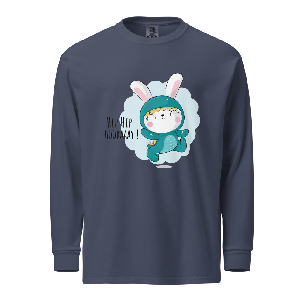 Green rabbit - HIP HIP HOORAAAY | Unisex Garment-Dyed Heavyweight Long Sleeve Shirt | Comfort Colors 6014