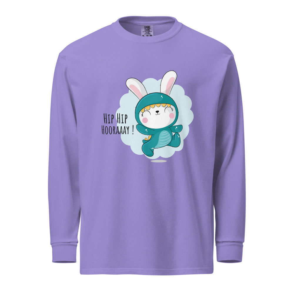 Green rabbit - HIP HIP HOORAAAY | Unisex Garment-Dyed Heavyweight Long Sleeve Shirt | Comfort Colors 6014