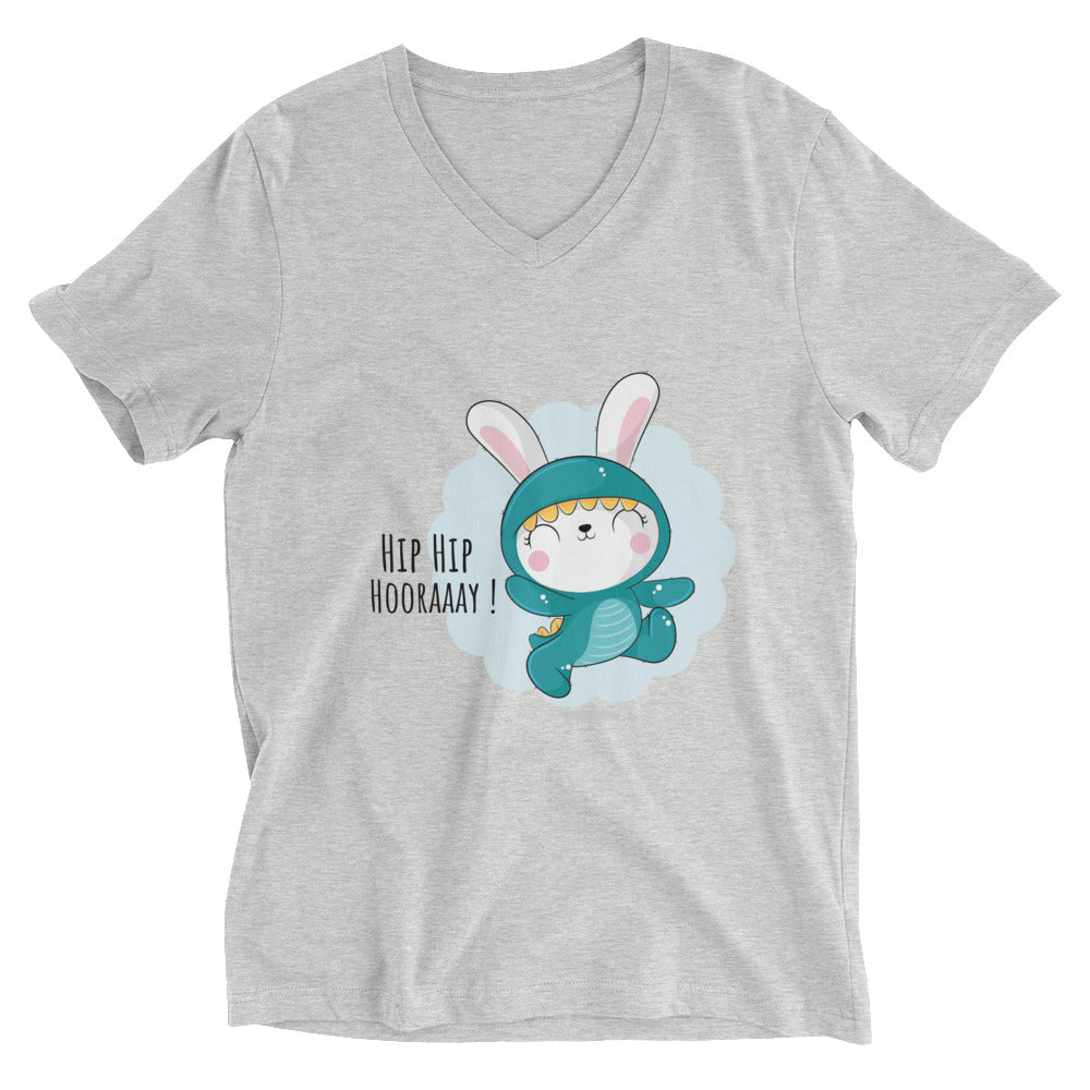 Green rabbit - HIP HIP HOORAAAY | Unisex V-Neck Tee | Bella + Canvas 3005