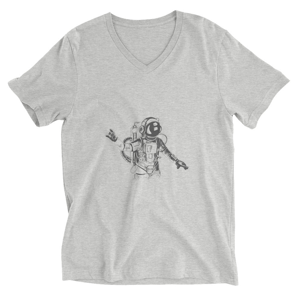 Black & white space travel man | Unisex V-Neck Tee | Bella + Canvas 3005