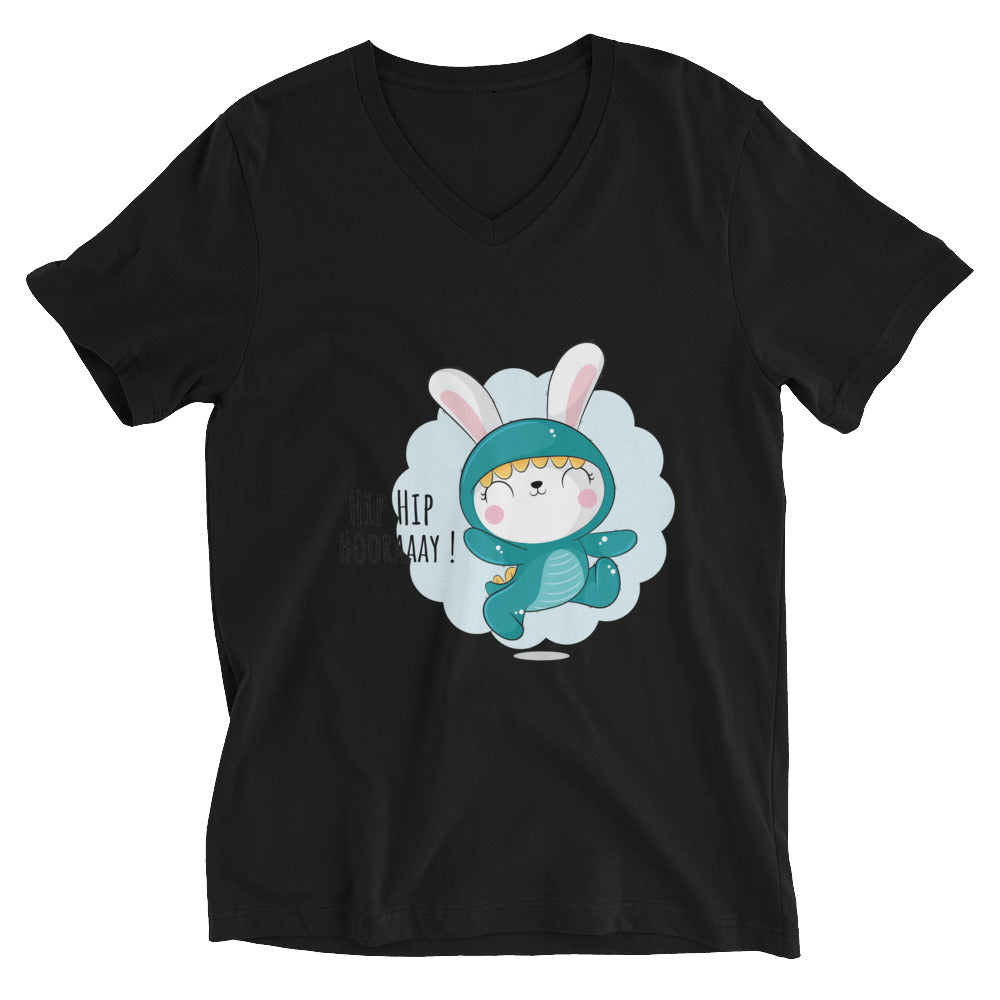 Green rabbit - HIP HIP HOORAAAY | Unisex V-Neck Tee | Bella + Canvas 3005