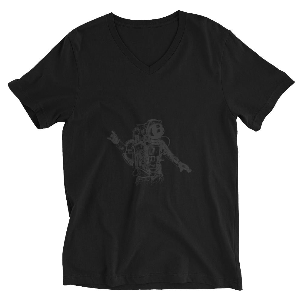 Black & white space travel man | Unisex V-Neck Tee | Bella + Canvas 3005