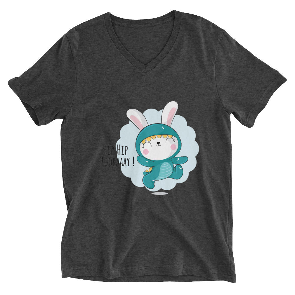 Green rabbit - HIP HIP HOORAAAY | Unisex V-Neck Tee | Bella + Canvas 3005