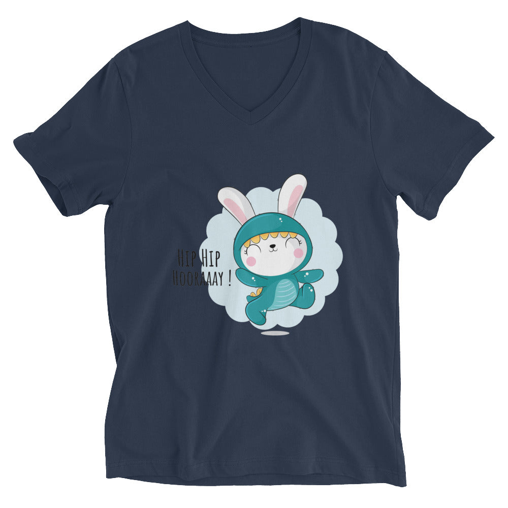 Green rabbit - HIP HIP HOORAAAY | Unisex V-Neck Tee | Bella + Canvas 3005