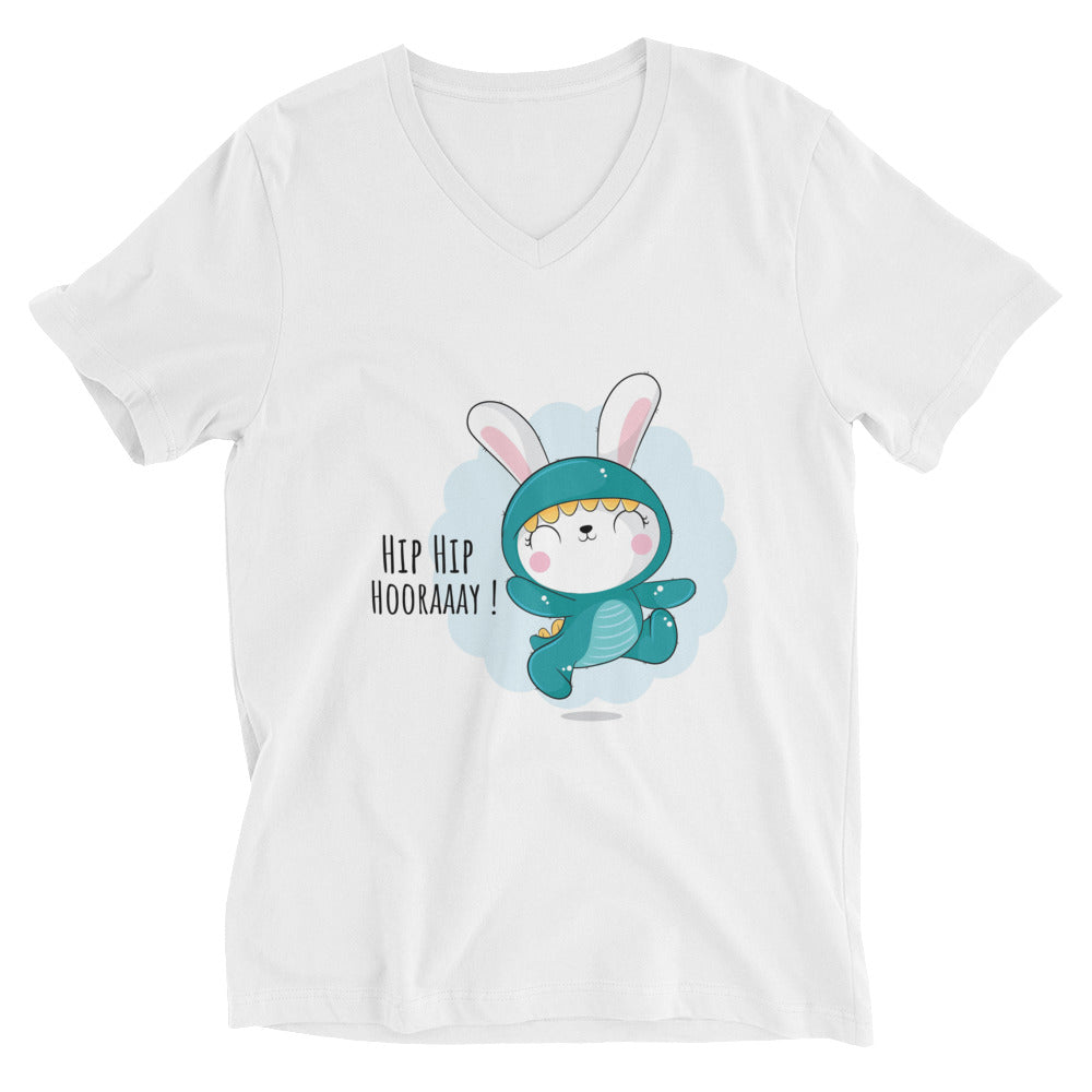 Green rabbit - HIP HIP HOORAAAY | Unisex V-Neck Tee | Bella + Canvas 3005