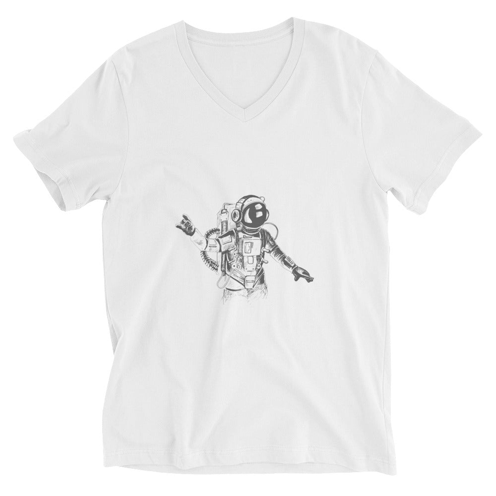 Black & white space travel man | Unisex V-Neck Tee | Bella + Canvas 3005